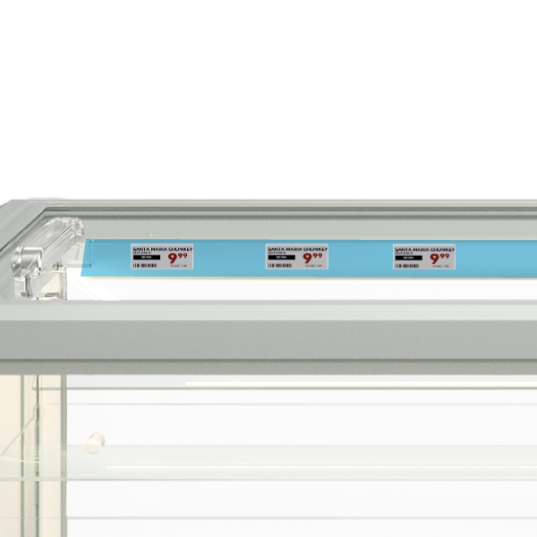 Ergonomic price ticket holder strip fitted along the upper perimeter