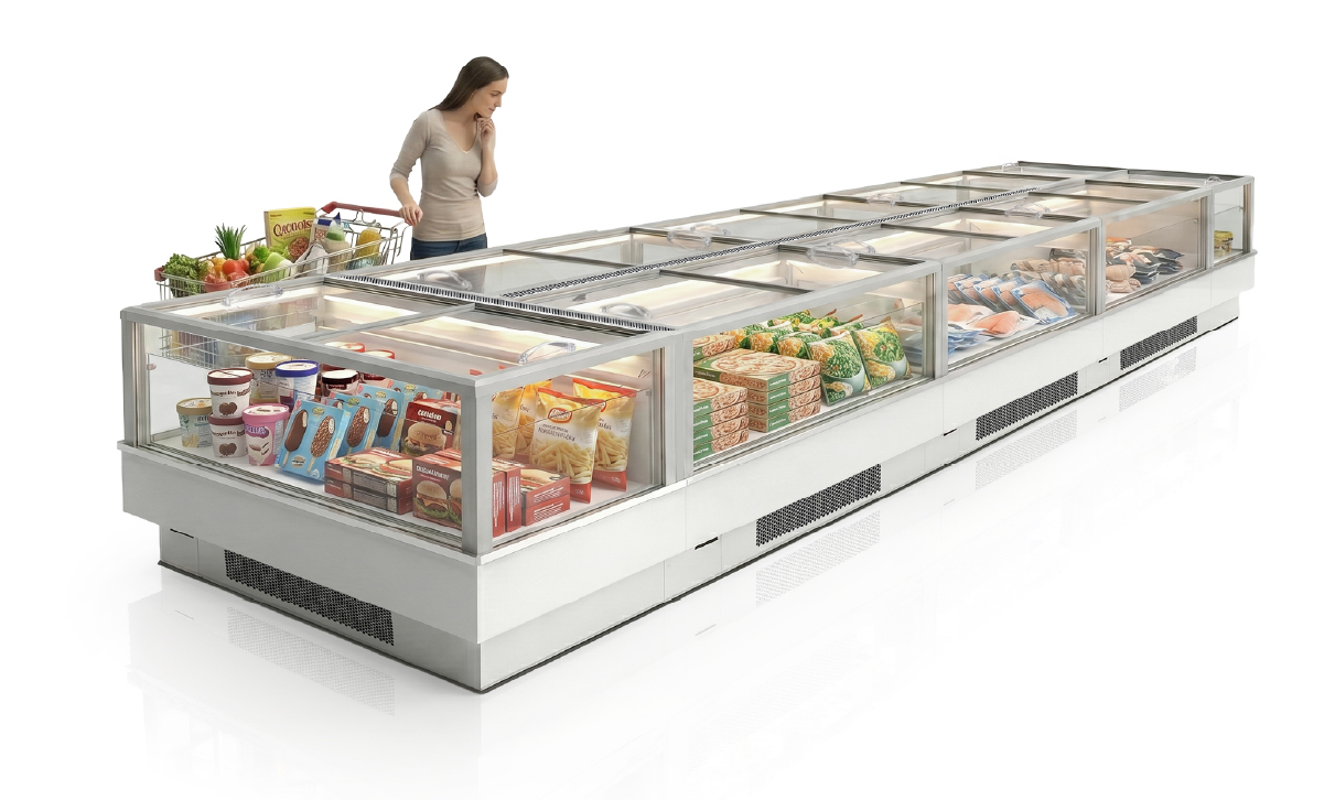 Multiple FUTURO 2 display islands arranged in gondola formation along a supermarket aisle