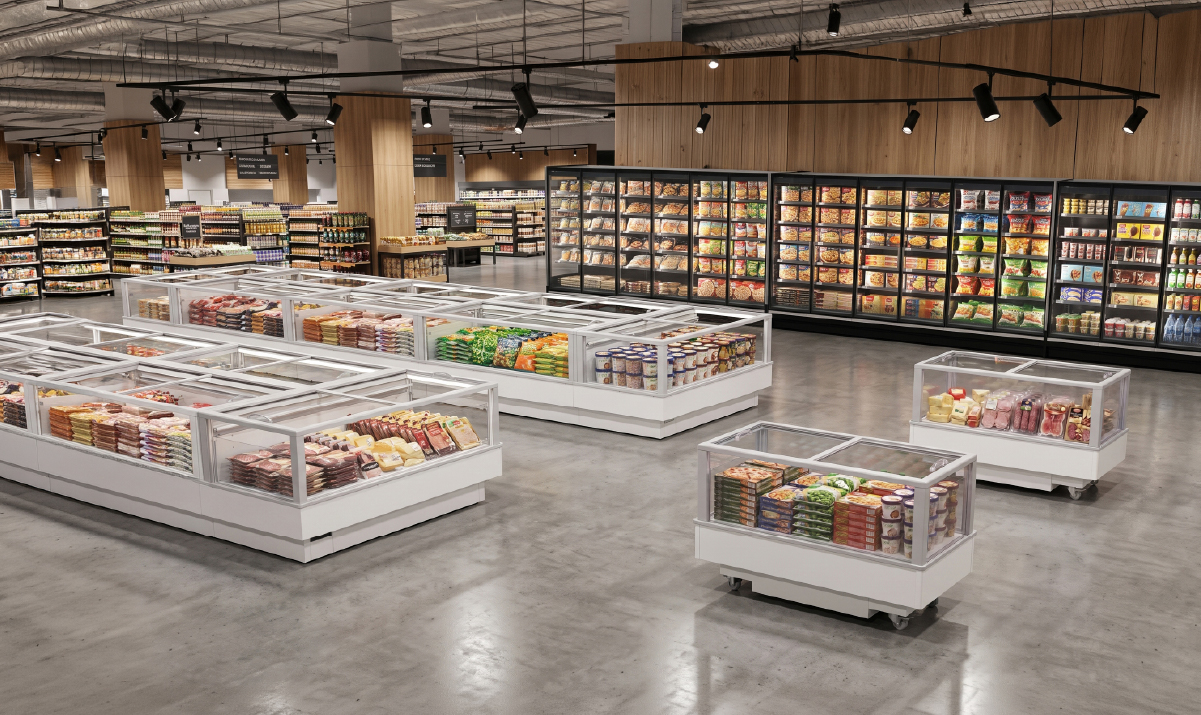 Multiple FUTURO 2 display islands arranged in line within a commercial retail space