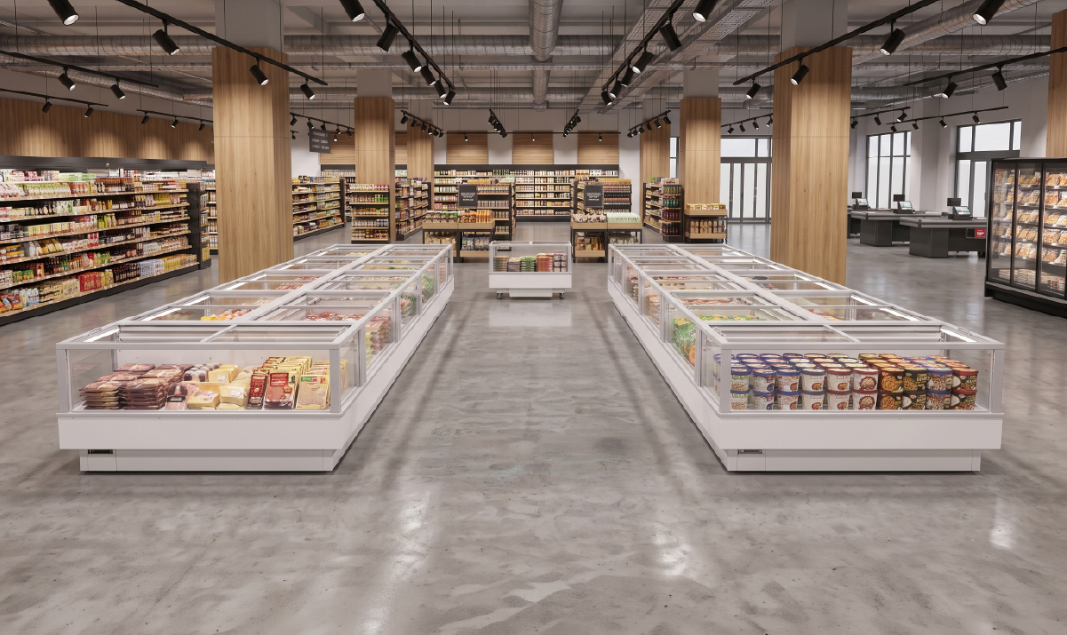 Overview of the FUTURO 2 display island situated in a prime promotional zone along a supermarket aisle