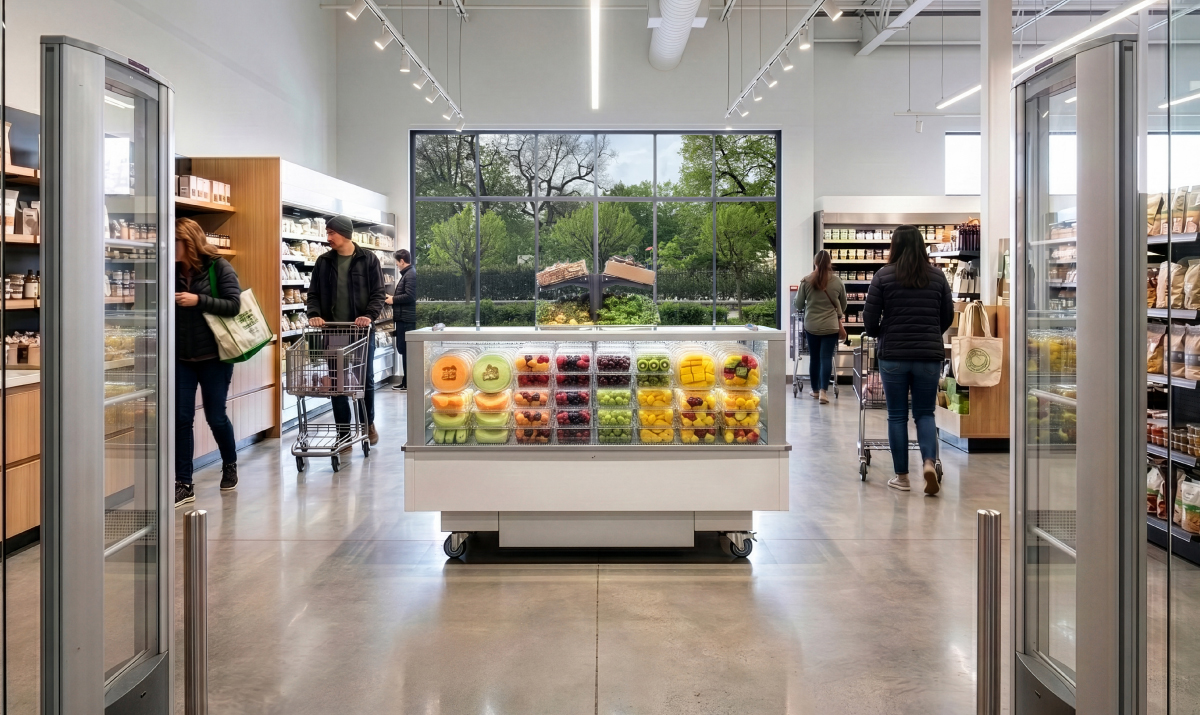 FUTURO 2 refrigerated island placed at the store entrance to drive impulse sales