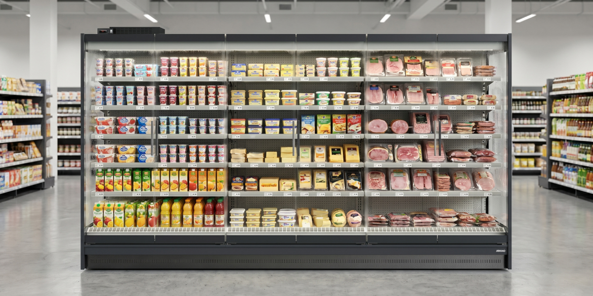 Linha cont&iacute;nua de murais refrigerados FUTURO 2 em supermercado